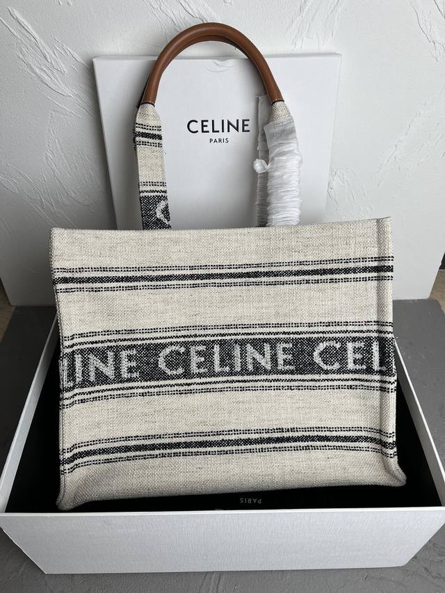 新品现货发售 独家celine 23S 夏季新品织物牛皮革tote Cacbs 23S最新系列 Cabas Thais大号celine提花条纹织物手袋- 全新白