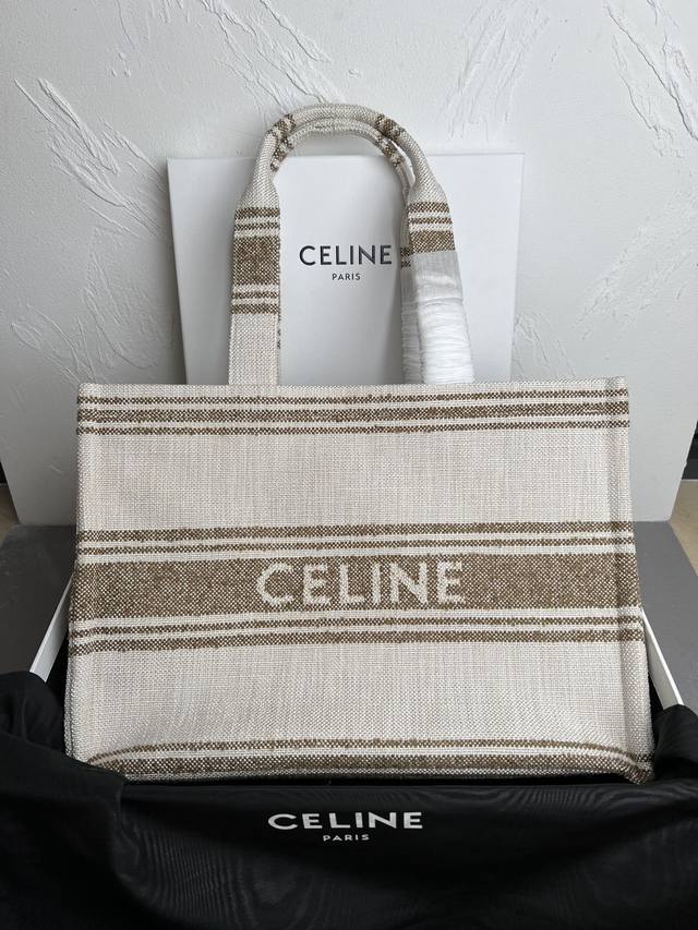 新品现货发售 独家celine 23S 夏季新品织物牛皮革tote Cacbs 23S最新系列 Cabas Thais大号celine提花条纹织物手袋- 全新白