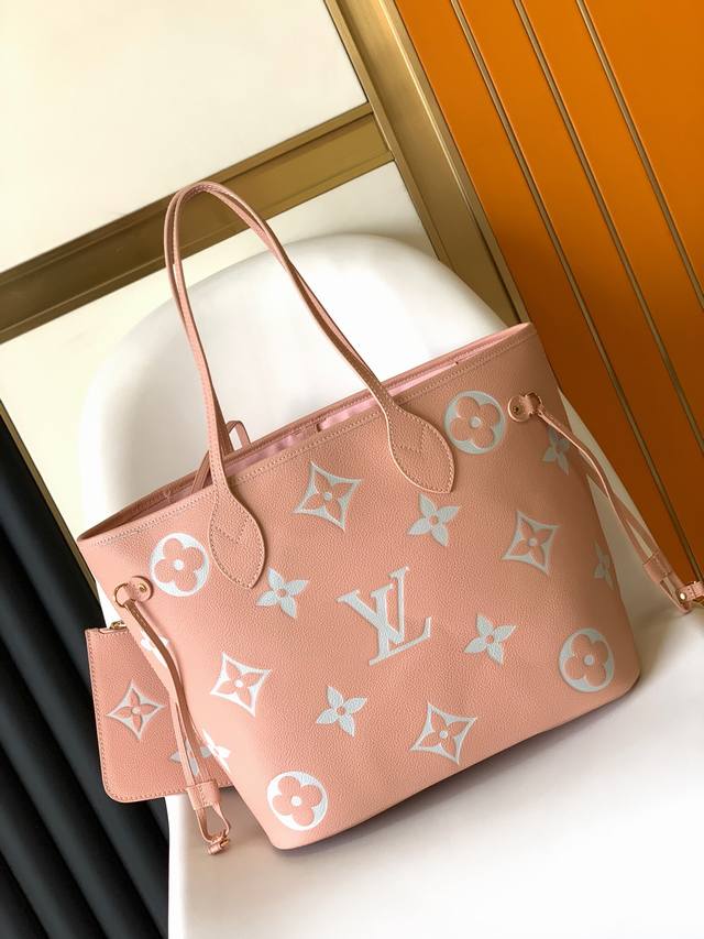 顶级原单neverfull 中号手袋.46329 粉色 丝印 Tote Mm手提包是由压花的蒙太诺皮革与奶油色的单色条纹和lvs在粉红色的背景 多功能 宽松的袋