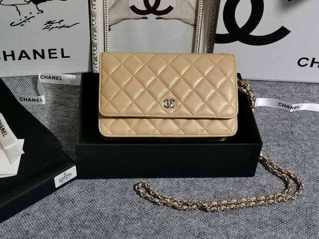 Chanel 0497A原版羊皮WOC小包，时尚大气的双C让你更有自信，金银扣长链可收藏于包内，可作为手包使用。包内有卡位，拉链位，零钱位，小巧实用！可以单肩可
